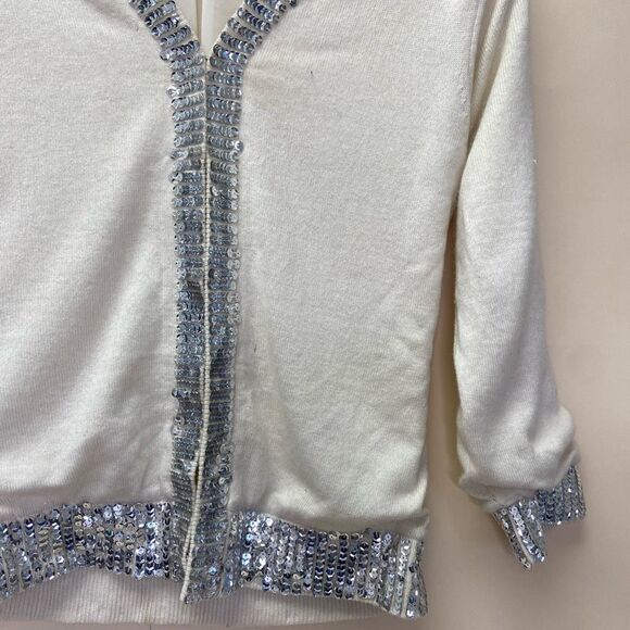 MILLY of New York White Sequins Cardigan Sweater Long Sleeve Ribbed Knit - Picture 3 of 9